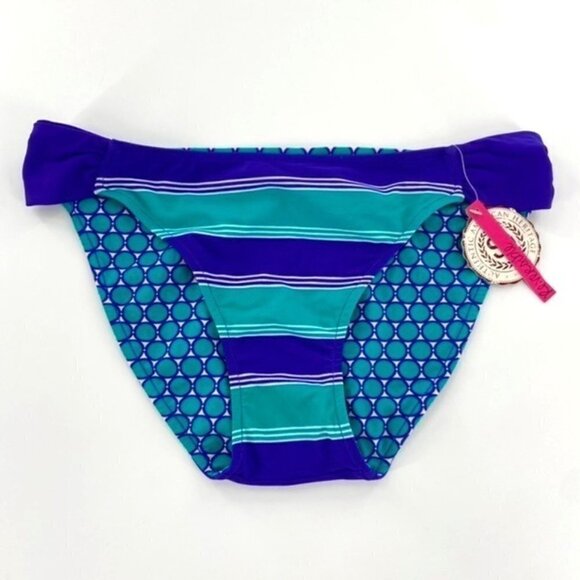 Reversible Swimsuit Bikini Bottoms Junior Sz M Blue Teal Striped Ruched SIdes - Picture 1 of 13